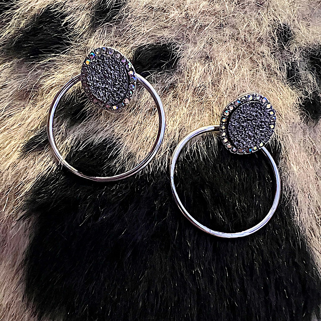 Nwt Boho Druzy & Rhinestone Open Hoop Circle Silver Statement Earrings